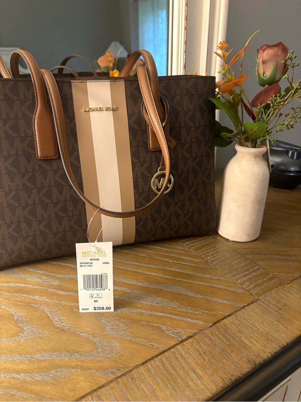 Michael Kors Brown Signature Tote with Center Stripe